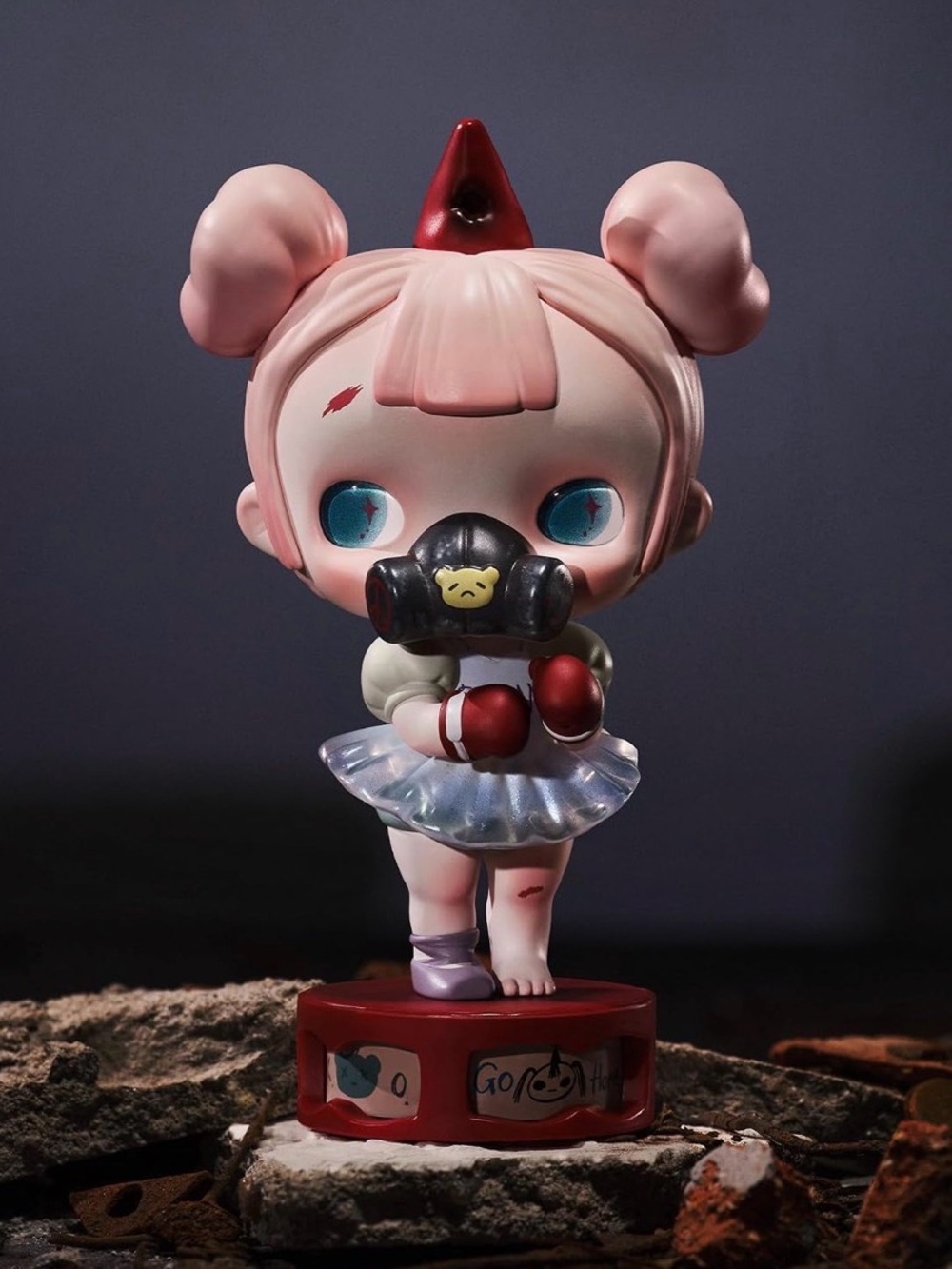 Pop mart Pink Ballerina Figurine Toy with Masked Face and Red Accents